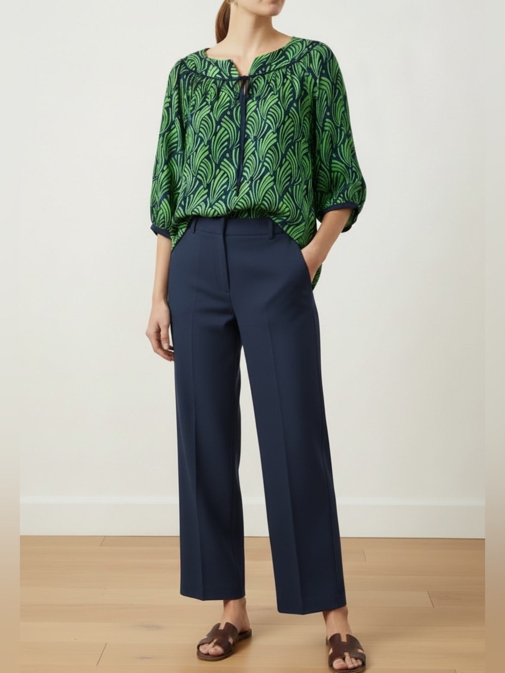 VINEYARD VINES Green Navy Blue SILK 3/4 Sleeve Floral Peasant Blouse Women’s M